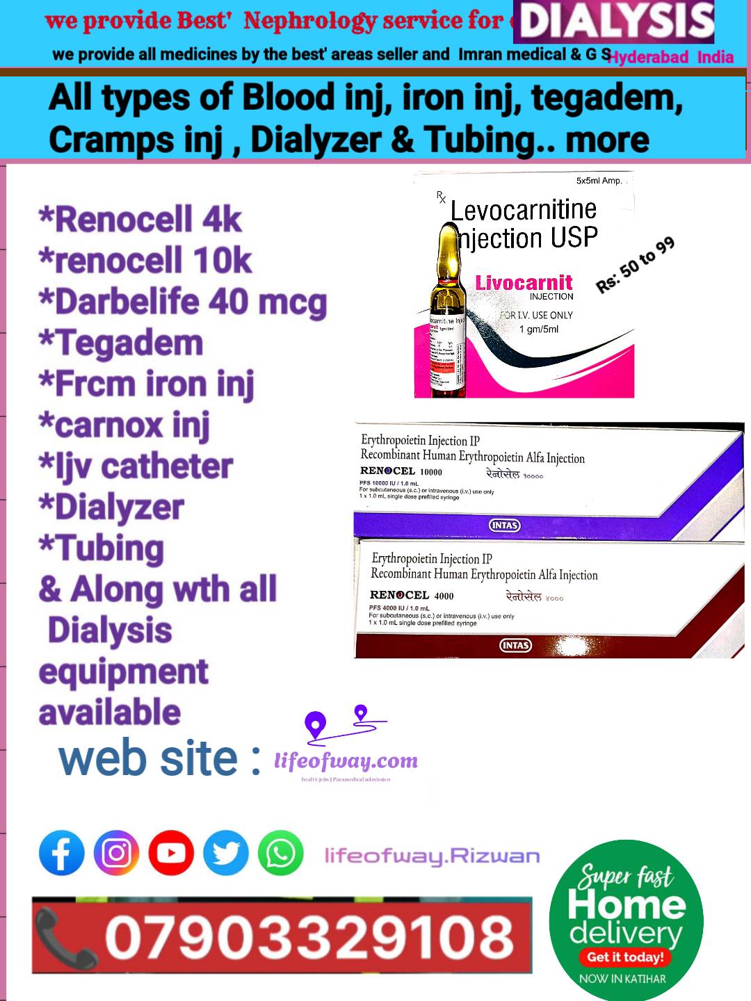 All types of Hemoglobin & iron injection, tegadem plaster, ijv catheter, permcath, Dialyzer F6 and single use upto 60% off for dialysis patients